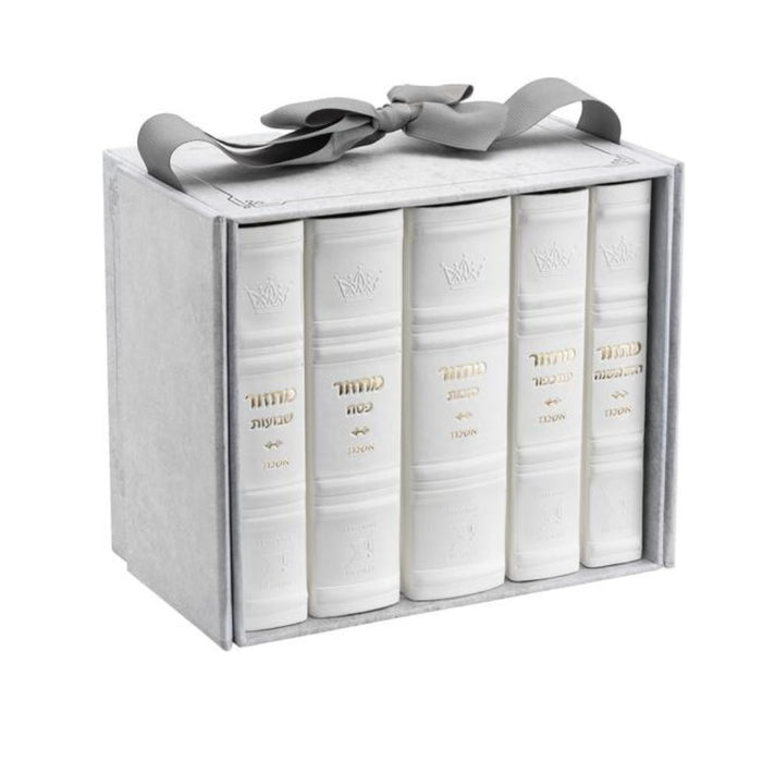 Machzor 5 Vol. Hebrew English Mid Size Ashkenaz Faux Leather - White