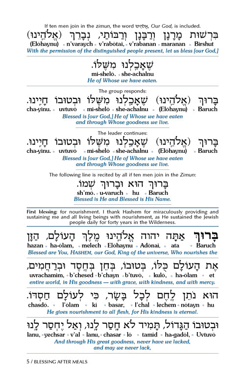 Czuker Edition Bircat Hamazon And Zemirot with Translation and Ivrit Transliteration - Leatherette Cover