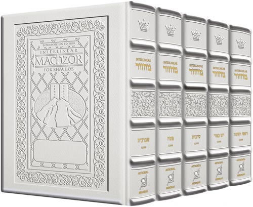 ArtScroll Interlinear Machzor -  5 Volume Set - Full Set  - Hebrew English - Yerushalayim White Leather  - Sefard